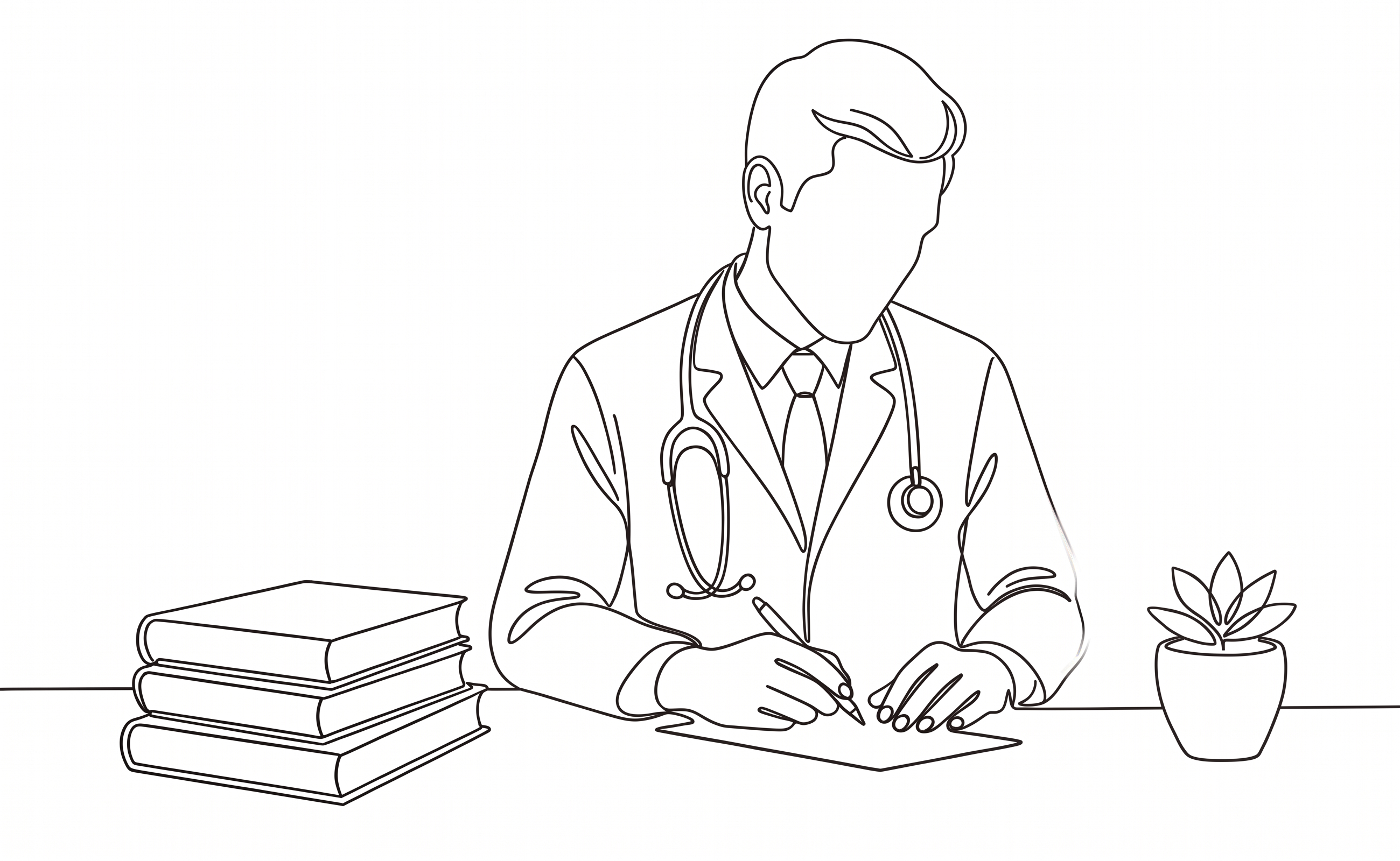 A physician seated at a desk — continuous-line illustration